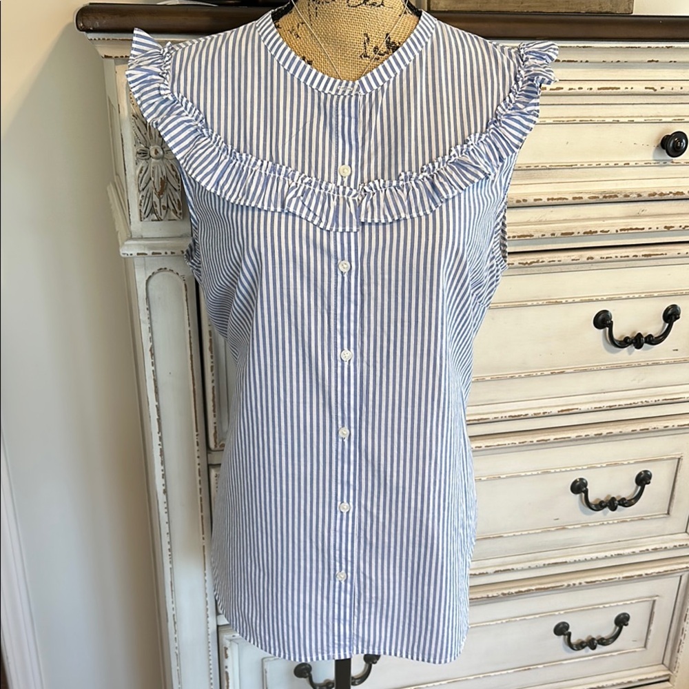 Blue and White Striped Ruffle Blouse